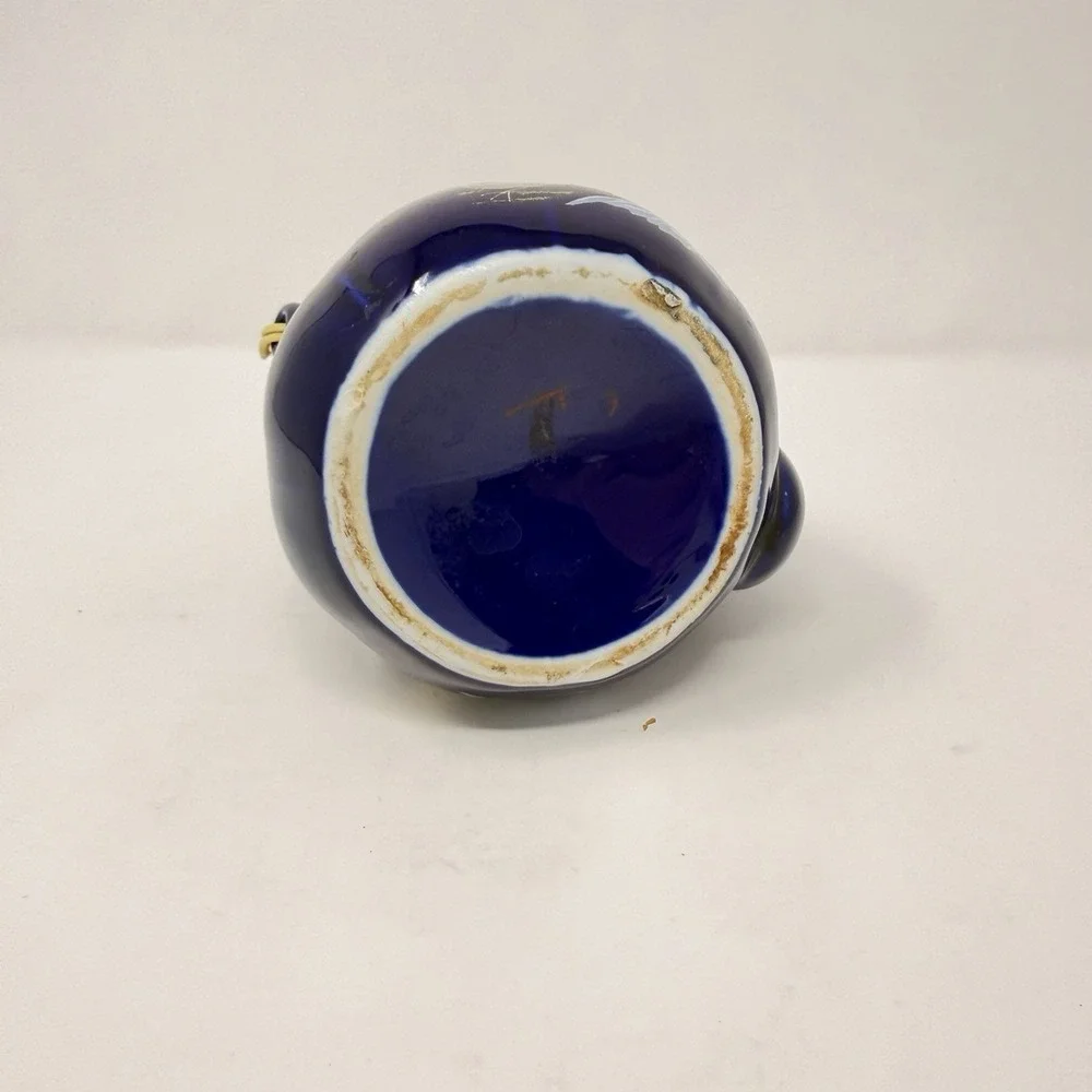 Vintage Japanese Cobalt Blue Gold Teapot Pheasant Bamboo Rattan Handle 7.5